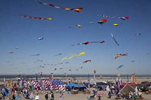 WA, Long Beach, International Kite Festival, Colorful kites and banners