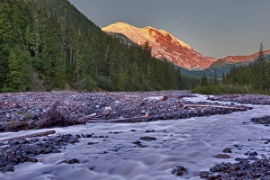 Images Dated 26th August 2011: WA, Mount Rainier National Park, White River and Mount Rainier at sunrise