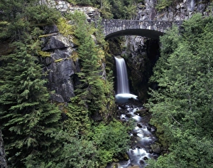 WA, Mt. Rainier NP, Christine Falls and stone bridge