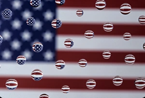 Redmond Prints: WA, Redmond, American flag; reflected in water drops