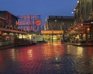 WA, Seattle, Market Entrance at Pike Place Market before dawn
