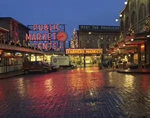 WA, Seattle, Market Entrance at Pike Place Market before dawn