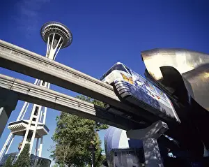 Space Needle Prints: WA, Seattle, Monorail with the Experience Music Project and Space Needle