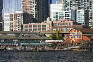 Elliott Bay Prints: WA, Seattle, Piers 55 and 56 on Elliott Bay with Seattle skyline