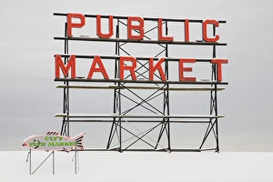 Public Market Prints: WA, Seattle, Pike Place Market, Public Market sign, a snowy day at the market