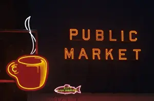 Public Market Prints: WA, Seattle, Public Market sign with neon coffee mug at Pike Place Market