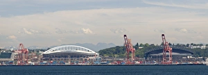 Elliott Bay Prints: WA, Seattle, Quest Field and Safeco Field, view across Ellliott Bay, from West Seattle