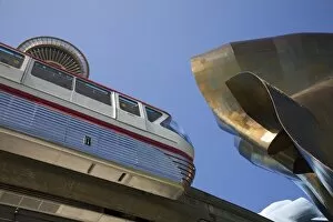 WA, Seattle, Seattle Center, Monorail with the Space Needle and Experience Music Project