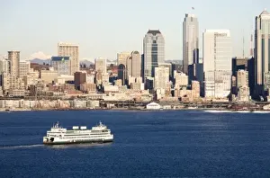 Elliott Bay Prints: WA, Seattle, Seattle skyline and Elliott Bay with ferry boat, view from Hamilton Park