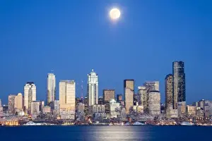 Elliott Bay Prints: WA, Seattle, Seattle skyline and Elliott Bay with full moon rising, view from Alki