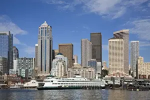 Elliott Bay Prints: WA, Seattle, Seattle skyline with ferry boat from Elliott Bay