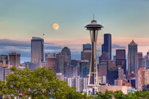 Space Needle Prints: WA, Seattle, Seattle skyline with moon rising from Kerry Park