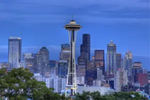 WA, Seattle, Seattle skyline with moon rising from Kerry Park