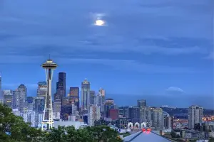 WA, Seattle, Seattle skyline with moon rising from Kerry Park