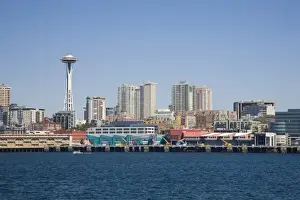 Images Dated 29th August 2007: WA, Seattle, Seattle Space Needle and skyline from Elliott Bay