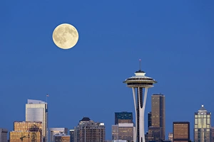 Images Dated 30th July 2015: WA, Seattle, skyline view from Kerry Park, with full moon (2015) Composite image