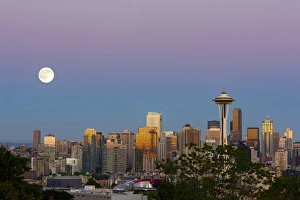 Space Needle Prints: WA, Seattle, skyline view from Kerry Park, with full moon (2015)