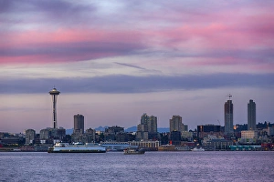 Images Dated 16th July 2015: WA, Seattle, Space Needle and Elliott Bay from West Seattle, with Washington State ferry