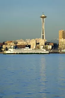 WA, Seattle, Space Needle and Ferry boat from Alki