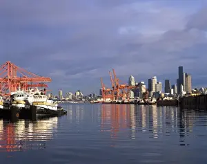 Elliott Bay Prints: WA, Seattle, Tug boats and container ships at the Port of Seattle on Harbor Island