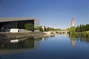 WA, Spokane, Riverfront Park, Convention Center and Clock Tower reflected in the