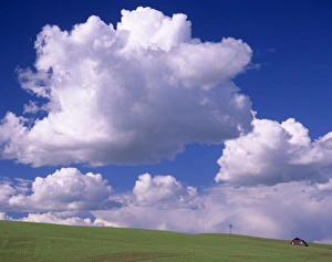 Farm Land Prints: WA, Whitman County, Palouse, barn and windmill with clouds