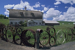 Farm Land Prints: WA, Whitman County; Uniontown, wheel fence and barn