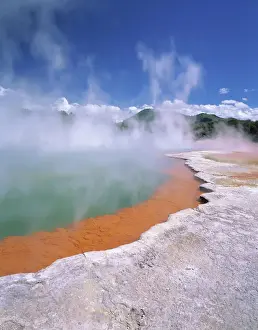 North Island Prints: Wai-O-Tapu Thermal Area, steam rising from Champagne Pool, North Island of New Zealand