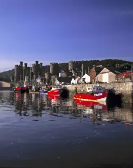 Quay Prints: Wales, Conwy Co. Conwy. Fishing boats are moored at days end at the quay near