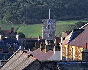 Roof Top Prints: Wales, Conwy Co. Conwy. The sun highlights the steep roofs and the Clock Tower in Conwy