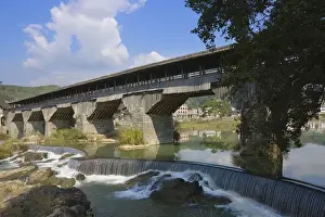 Chinese Prints: Wanan Bridge, traditional wood covered bridge (Chinas longest such bridge), Pingnan