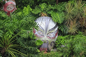 Décor Prints: warrior masks in lush green tropical foliage, Lichi Bay Walkway and Park, Guangzhou