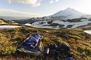 Campsite Prints: Washington, Cascade Mountains. Campsite on Ptarmigan Ridge. Mount Baker in background