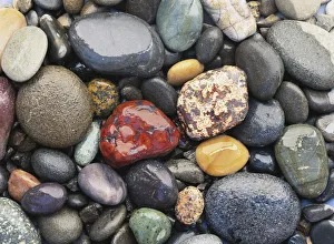 Pebble Prints: Washington Coast, Olympic National Park, Ruby Beach, Wet pebbles, close-up (full frame)