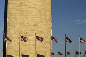 National Capitol Prints: Washington, DC. Washington Monument and two lines of American Flags