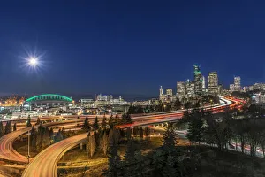 Copy Space Prints: Washington State, Seattle. Full Moon Over Downtown
