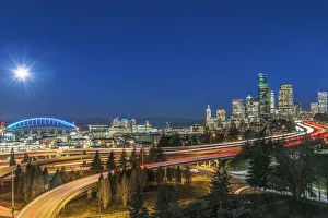 Washington State, Seattle. Full Moon Over Downtown