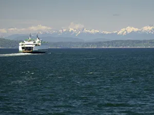 Washington State, Seattle, Washington State Ferry on Elliott Bay, Olympic Mountains in background