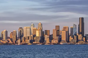 Prints of Washington State, Seattle. Waterfront and Skyline at Sunset Images Dated 2020 March: Washington State, Seattle. Waterfront and Skyline at Sunset