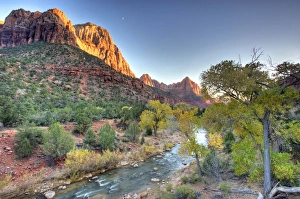 Extreme Terrain Prints: Watchman Peak mountain and Virgin River in Fall foliage