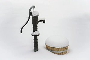Water Pump Prints: Water pump and barrel in snow, Green Valley Lake, California, USA