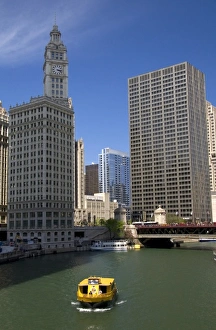 Windy City Prints: Water taxi on the Chicago River in downtown Chicago, Illinois, USA