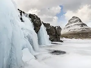 Snaefellsnes Prints: Waterfall Kirkjufellsfoss on Snaefellsnes peninsula during winter