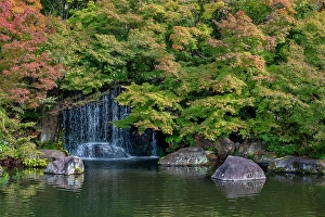 Maple Prints: Waterfall in Koko-en Garden, Himeji, Japan