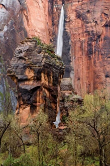 Waterfall thunders down near the Temple of Sinawava in Zion National Park in Utah