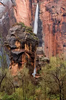 Zion Prints: Waterfall thunders down near the Temple of Sinawava in Zion National Park in Utah