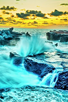 Bali Prints: Waves rolling in from the Indian Ocean exploding on the lava shore in Munggu Beach