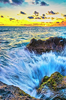 Bali Prints: Waves rolling in from the Indian Ocean exploding on the lava shore in Munggu Beach