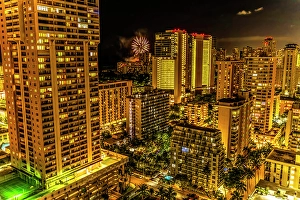 Illuminated Prints: Weekly fireworks, Waikiki, Honolulu, Oahu, Hawaii