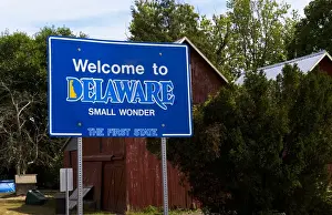 Text Prints: Welcome to Delaware road sign, the first state that was ratified in 1787